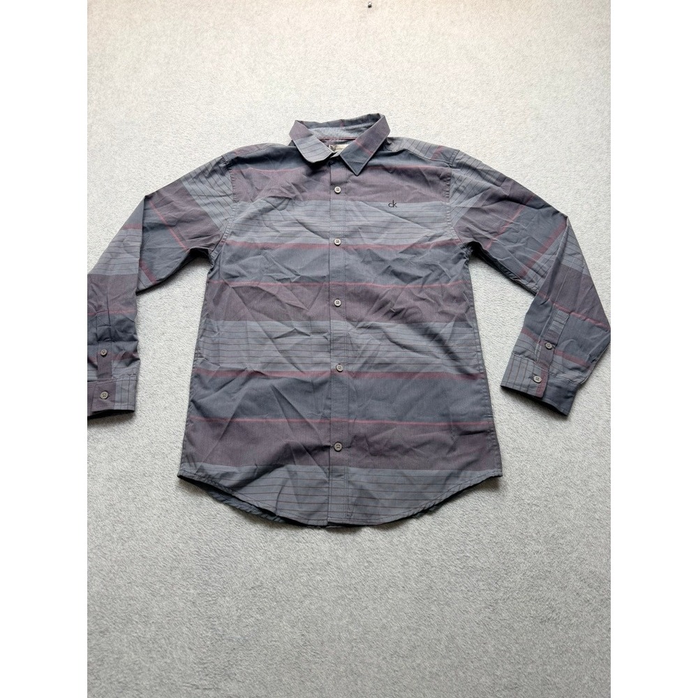 Calvin Klein Jeans Mens XL 18/20 Grey Red Striped Long Sleeve Button Down Shirt